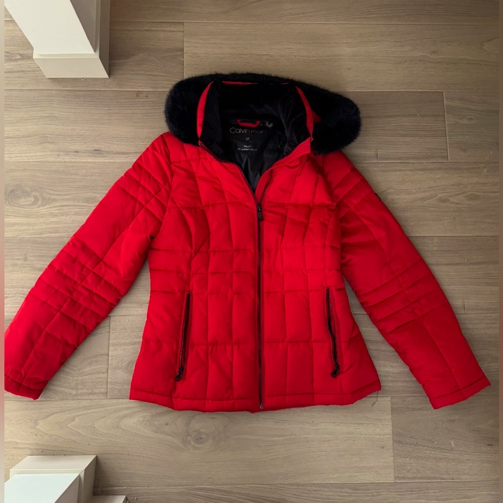Calvin Klein Women's Red Puffer Jacket with Black Hood